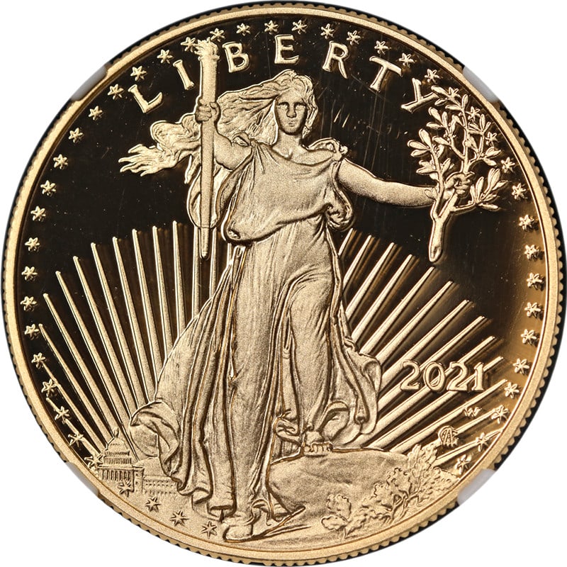 NGC PF70 Ultra Cameo 2021-W Type 2 Gold Eagle $50 1 oz: NGC PF70 Ultra Cameo 2021-W Type 2 Gold Eagle $50 1 oz This is an original 2021-W Type 2 Gold American Eagle $50 coin, graded by NGC as PF70 Ultra Cameo. The coin is uncirculated and features superb e