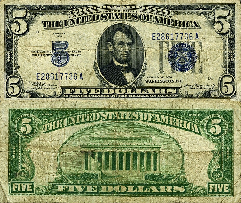 1934 $5 FR. 1650 Silver Certificate Non-Mule E-A Block: 1934 $5 FR. 1650 Silver Certificate Non-Mule E-A Block This FR. 1650 $5 1934 Silver Certificate is in Fine+ condition, showcasing original paper quality and nice color. The item has seen even circulat