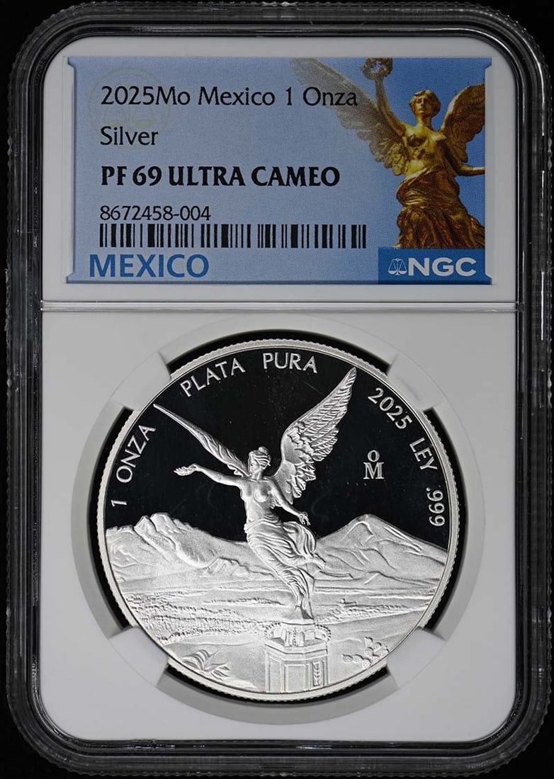 2025 Mexico Libertad Silver 1 Onza NGC PR69UC: 2025 Mexico Libertad Silver 1 Onza NGC PR69UC This is a 2025 Mexico Libertad 1 Onza silver coin graded PR69 Ultra Cameo by NGC. The coin is uncirculated and comes with NGC certification, making it a v