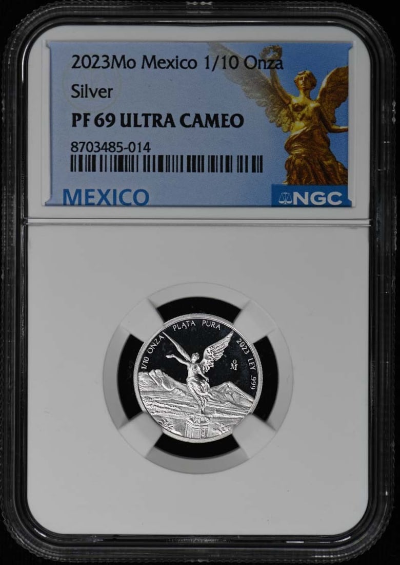 Mexico 2023 Silver 1 10 Onza NGC PR69DCAM: Mexico 2023 Silver 1 10 Onza NGC PR69DCAM This 2023Mo Mexico Silver 1/10 Onza coin has been graded PR69DCAM by NGC, indicating a nearly flawless proof with deep cameo contrast. The coin is uncirculate