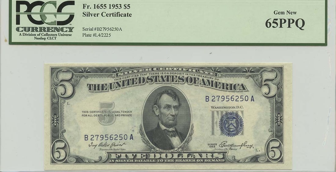 1953 $5 Silver Certificate FR#1655 PCGS 65 Gem Uncirculated: 1953 $5 Silver Certificate FR#1655 PCGS 65 Gem Uncirculated This 1953 $5 Silver Certificate, designated as FR#1655, is certified by PCGS Currency with a grade of MS65. This note is in uncirculated con