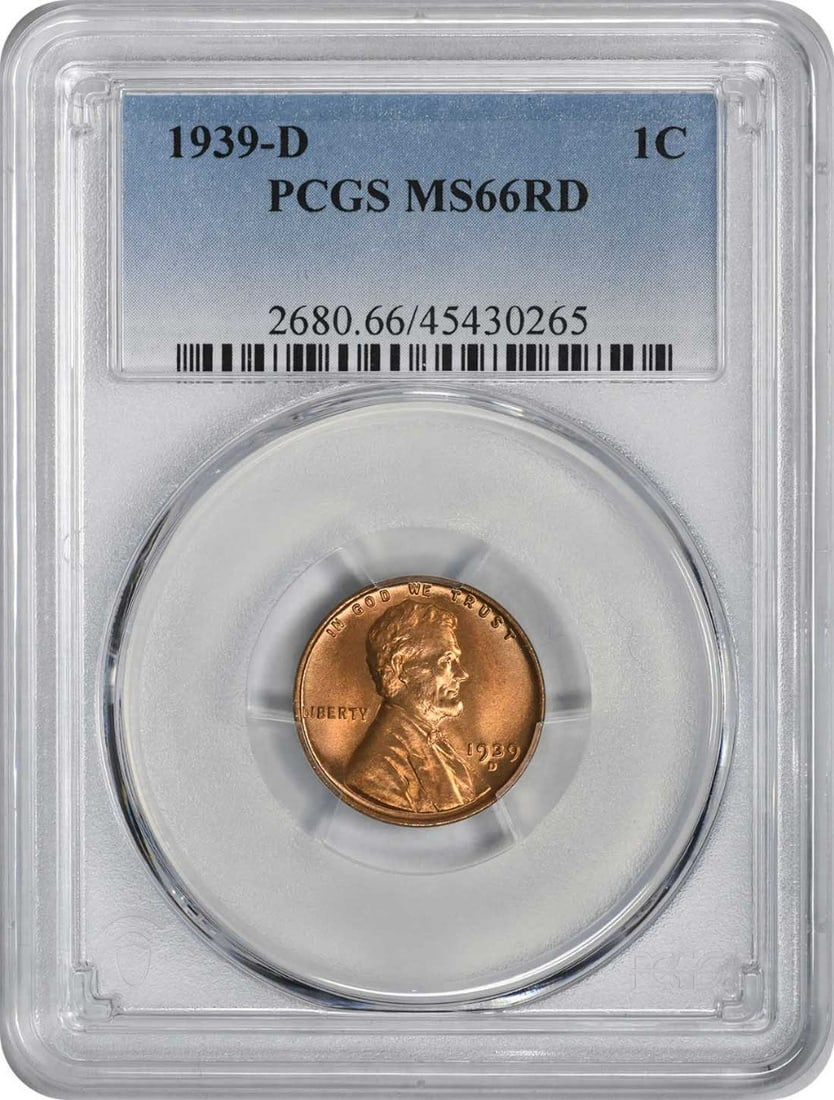 1939-D Lincoln Cent MS66RD PCGS Uncirculated Denver Mint: 1939-D Lincoln Cent MS66RD PCGS Uncirculated Denver Mint This 1939-D Lincoln Cent is a remarkable uncirculated coin, certified by PCGS with a grade of MS66RD. Minted in Denver, it features the iconic 