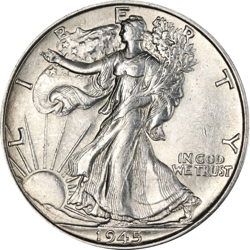 1945 San Francisco Mint Silver Walking Liberty Half Dollar Coin: 1945 San Francisco Mint Silver Walking Liberty Half Dollar Coin This 1945-S Walking Liberty Half is a circulated, pre-owned coin from the United States. Struck in 1945 at the San Francisco Mint, it is