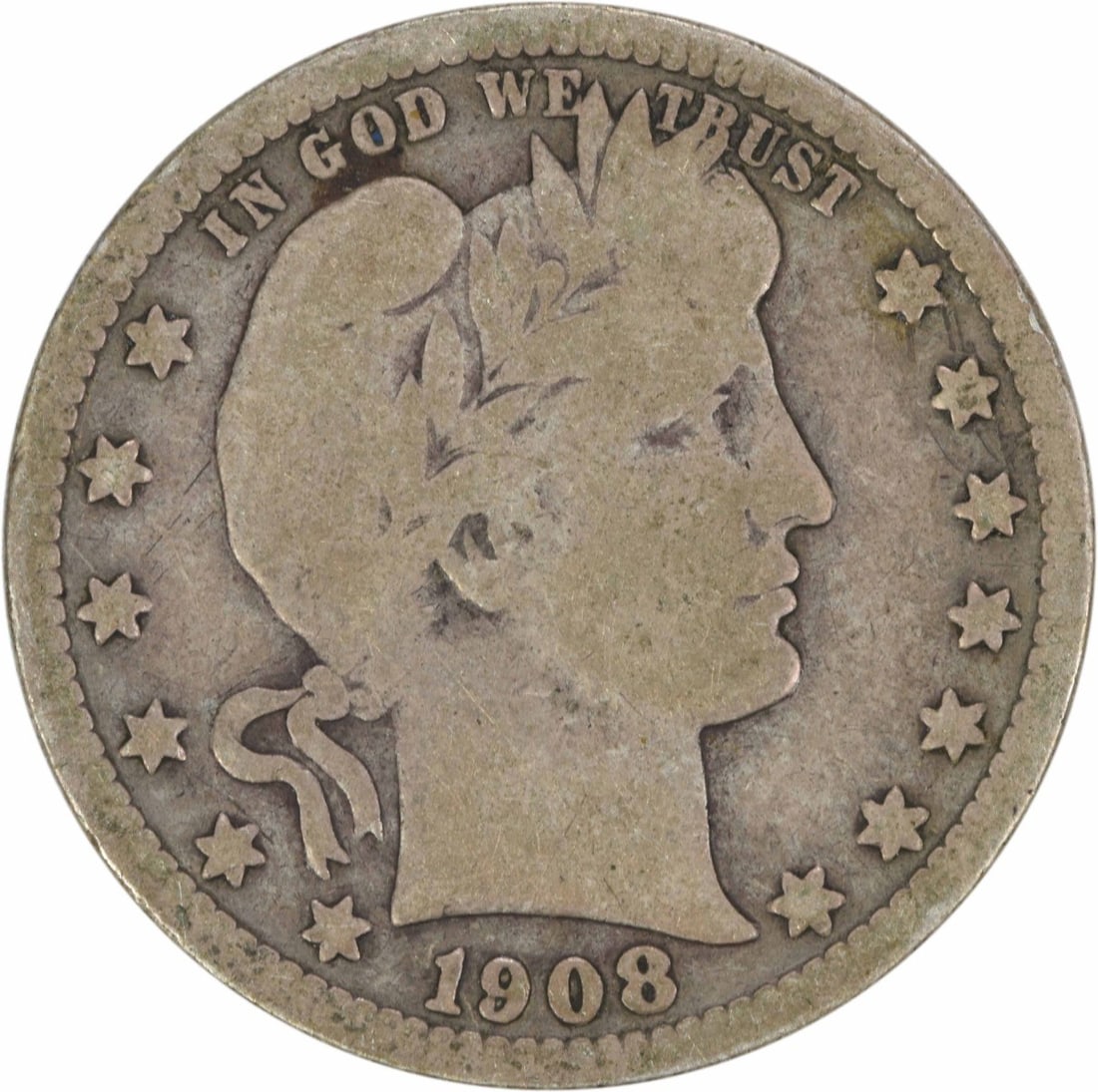 1908-S Barber Quarter 90% Silver VG Uncertified Coin: 1908-S Barber Quarter 90% Silver VG Uncertified Coin This 1908-S Barber Silver Quarter is a noteworthy collectible coin from the United States, struck in San Francisco. It features a composition of 90