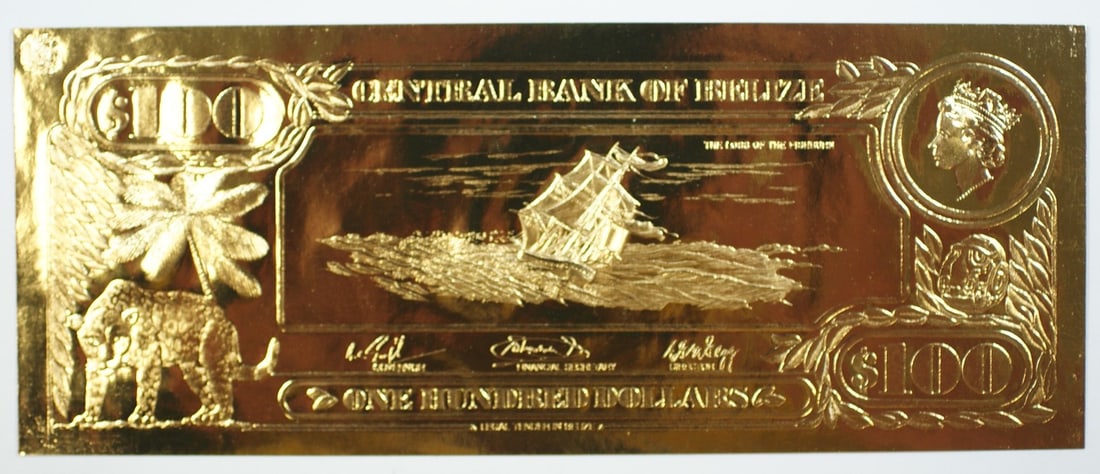 Belize $100 Fishburn First Gold Bank Note Presentation Card: Belize $100 Fishburn First Gold Bank Note Presentation Card This is a $100 Loss Of The Fishburn-First Gold banknote from Belize, accompanied by a presentation card. The item is uncirculated and remain