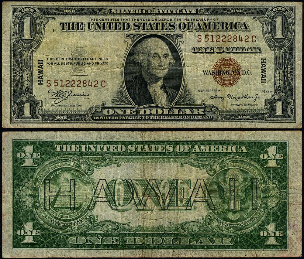 1935-A $1 Hawaii Note FR. 2300 S-C Block Fine+ Circulated: 1935-A $1 Hawaii Note FR. 2300 S-C Block Fine+ Circulated This 1935-A $1 Hawaii Note (FR. 2300) is a remarkable piece of history that showcases original paper quality and vibrant color. It has been ci