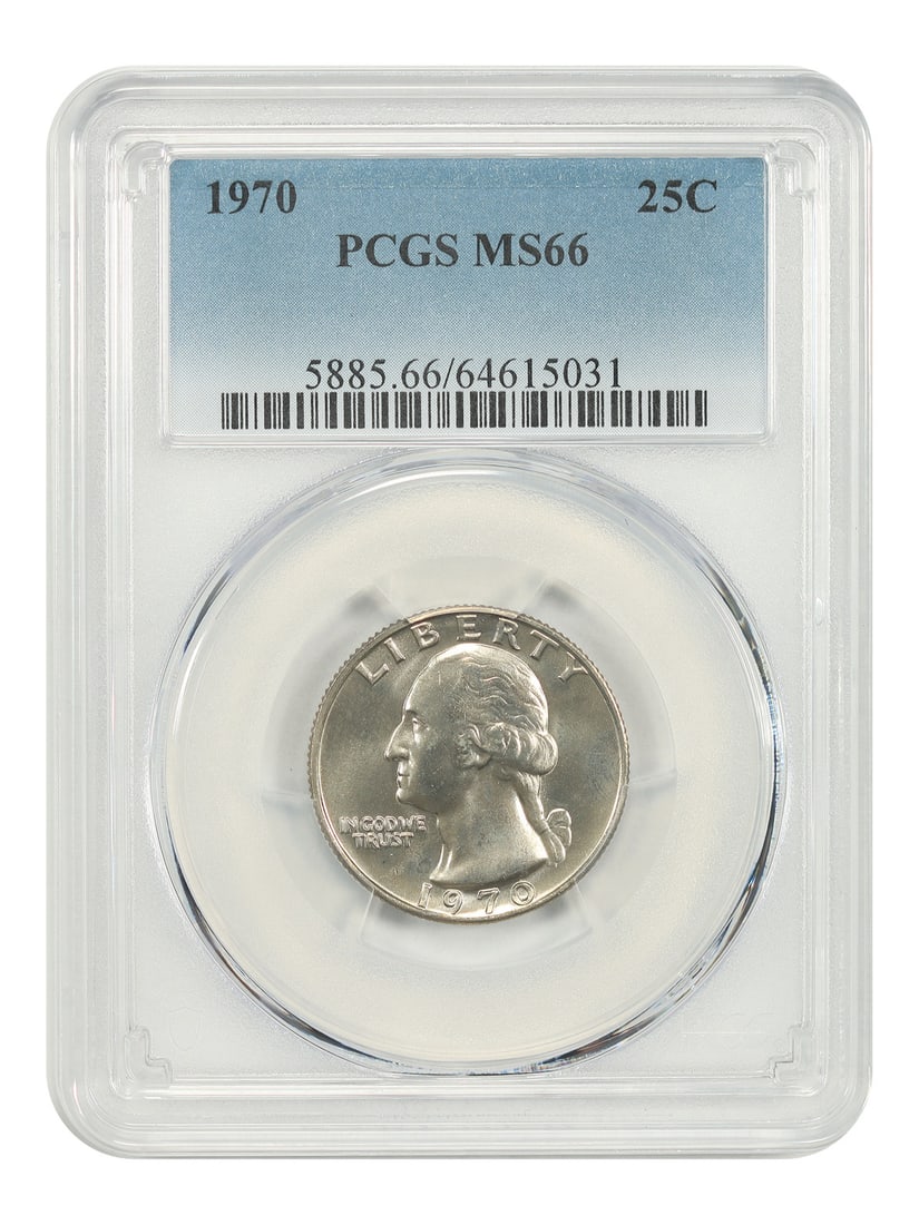 1970 Philadelphia 25C PCGS MS66 Washington Quarter: 1970 Philadelphia 25C PCGS MS66 Washington Quarter This 1970 Washington Quarter is a 25-cent coin graded MS66 by PCGS, indicating a high-quality uncirculated condition. Minted in Philadelphia, the coi