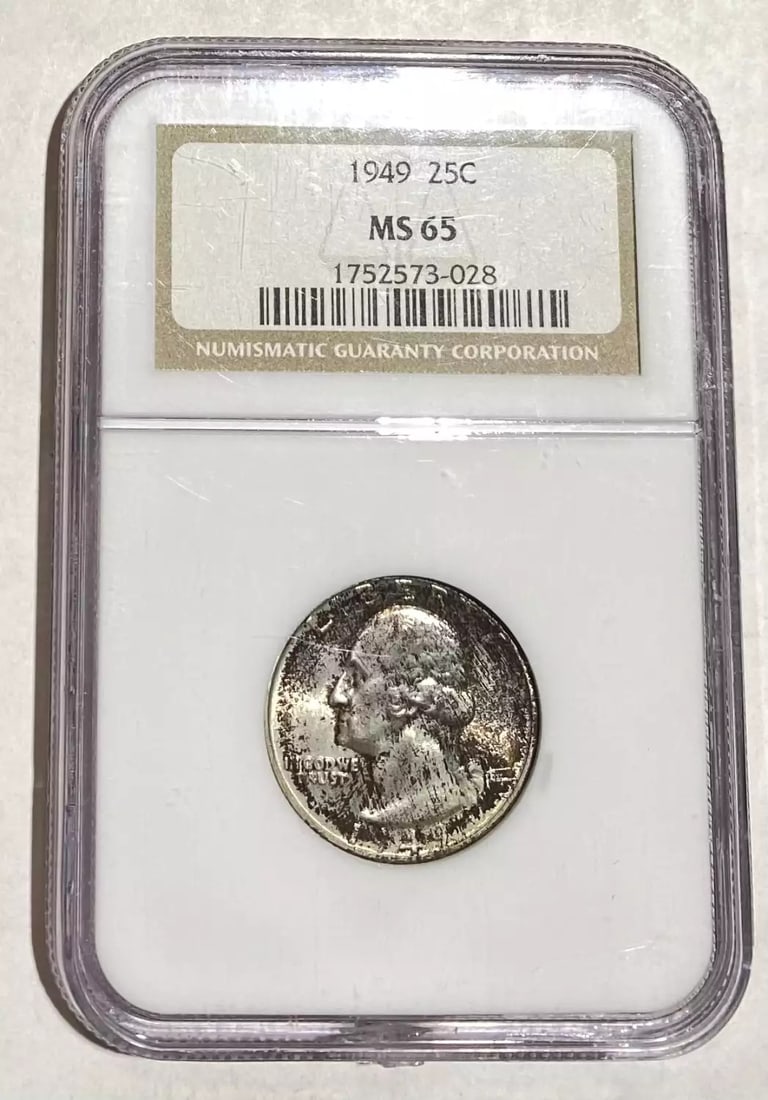 1949 P NGC MS65 Uncirculated Silver Quarter Dollar Coin: 1949 P NGC MS65 Uncirculated Silver Quarter Dollar Coin This 1949 Quarter Dollar Silver Coin, certified by NGC, showcases an impressive MS 65 grade, indicating its uncirculated condition. Minted in Ph