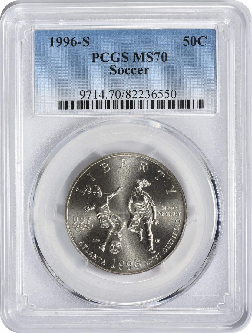 1996-S Commemorative Soccer Half Dollar MS70 PCGS Uncirculated: 1996-S Commemorative Soccer Half Dollar MS70 PCGS Uncirculated This 1996-S Soccer Commemorative Half Dollar is a stunning collector's piece graded MS70 by PCGS, indicating it is in pristine uncirculat