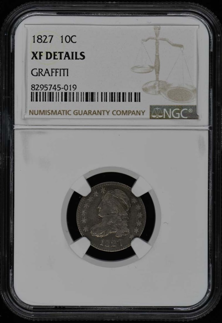 1827 Capped Bust Dime NGC XF Details Philadelphia Coin: 1827 Capped Bust Dime NGC XF Details Philadelphia Coin This 1827 Capped Bust Dime is a remarkable piece graded as XF Details by NGC, ensuring its quality and authenticity. It is an uncirculated coin f