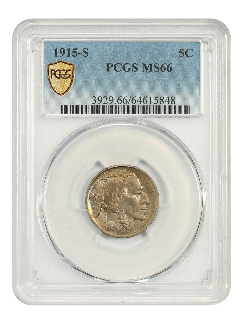 PCGS MS66 1915-S Buffalo 5C Nickel: PCGS MS66 1915-S Buffalo 5C Nickel This 1915-S Buffalo Nickel is graded MS66 by PCGS and originates from the San Francisco Mint. The coin features iridescent rainbow toning around the obverse feathers