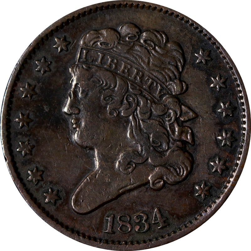 1834 United States Copper Half Cent Classic Head: 1834 United States Copper Half Cent Classic Head This is an 1834 Classic Head Half Cent from the United States, composed of copper. The coin is circulated and is offered in pre-owned condition. It is 