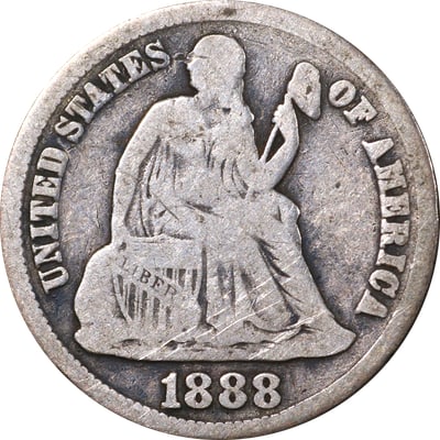 1888 San Francisco Seated Liberty silver dime: 1888 San Francisco Seated Liberty silver dime This is an 1888-S Seated Liberty Dime in pre-owned condition. The coin features the classic Seated Liberty design and was minted in 1888. Specifications T