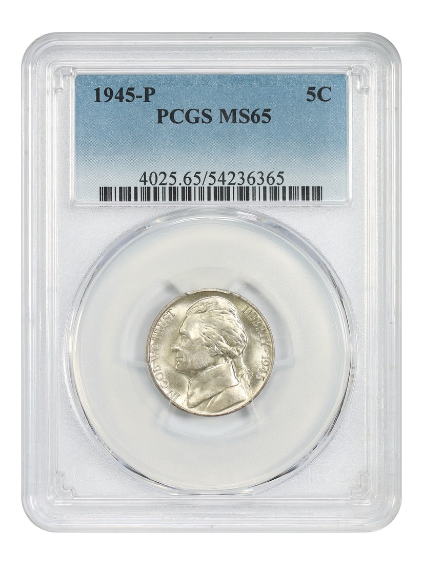 Jefferson Nickel 1945 Philadelphia PCGS MS65 Five Cent Coin: Jefferson Nickel 1945 Philadelphia PCGS MS65 Five Cent Coin This 1945-P Jefferson Nickel is graded MS65 by PCGS. Struck in Philadelphia, it is an uncirculated 5-cent coin from the Jefferson Nickel ser