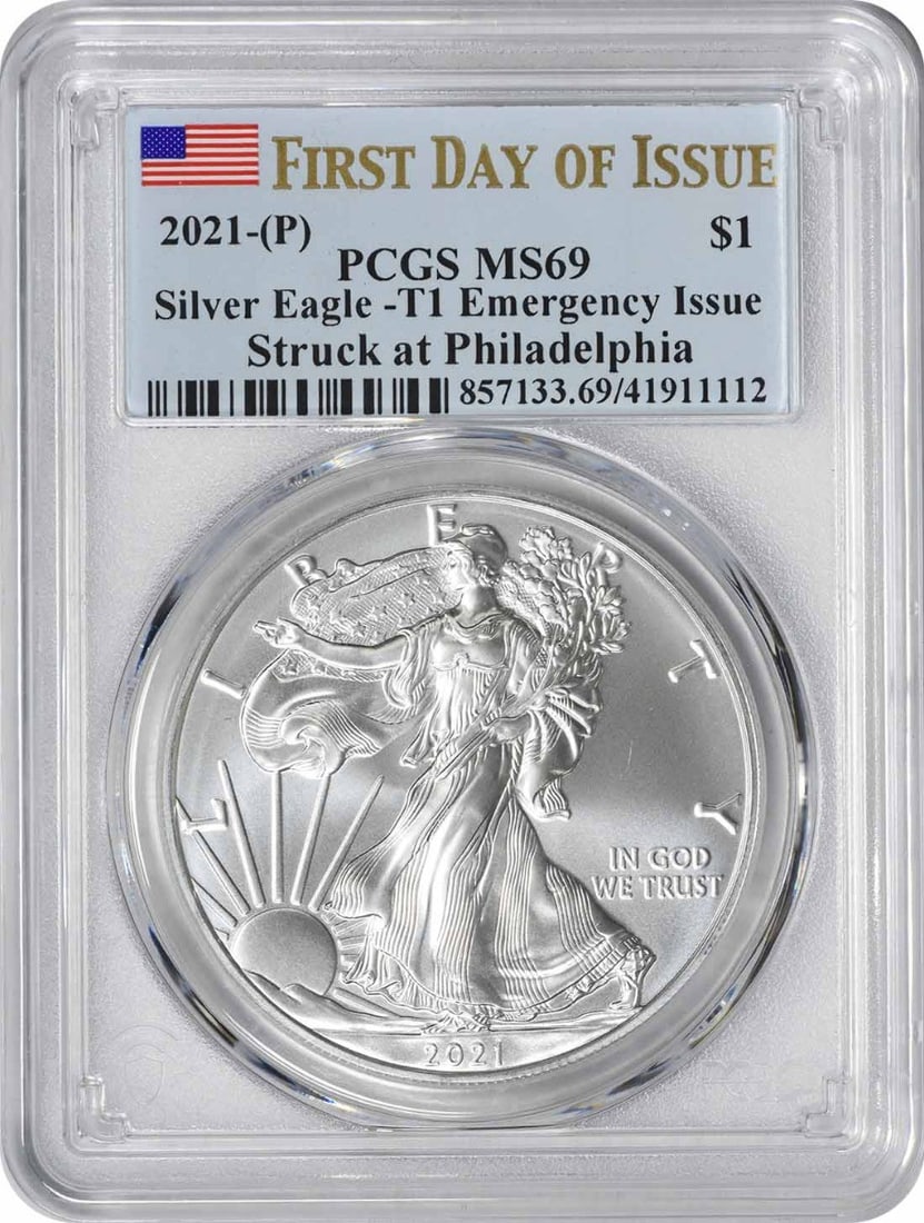 2021 American Silver Eagle Type 1 MS69 PCGS Certified Coin: 2021 American Silver Eagle Type 1 MS69 PCGS Certified Coin The 2021 American Silver Eagle Emergency Issue Type 1 is a stunning coin certified by PCGS with a grade of MS69. This coin features a beautif