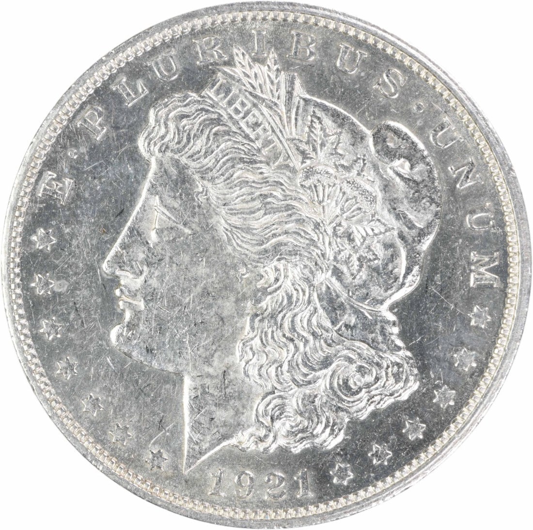 1921 Denver Morgan Dollar Uncertified BU: 1921 Denver Morgan Dollar Uncertified BU This is a 1921-D Morgan Silver Dollar from the Denver Mint, featuring the classic design by George T. Morgan. Struck in 90% silver and 10% copper, this uncircu