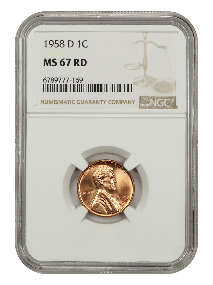 1958-D Lincoln Cent NGC MS67RD Wheat Reverse Coin: 1958-D Lincoln Cent NGC MS67RD Wheat Reverse Coin This 1958-D Lincoln Cent is certified by NGC with a grade of MS67RD, indicating it is in uncirculated condition and boasts a rich red hue. Minted in D
