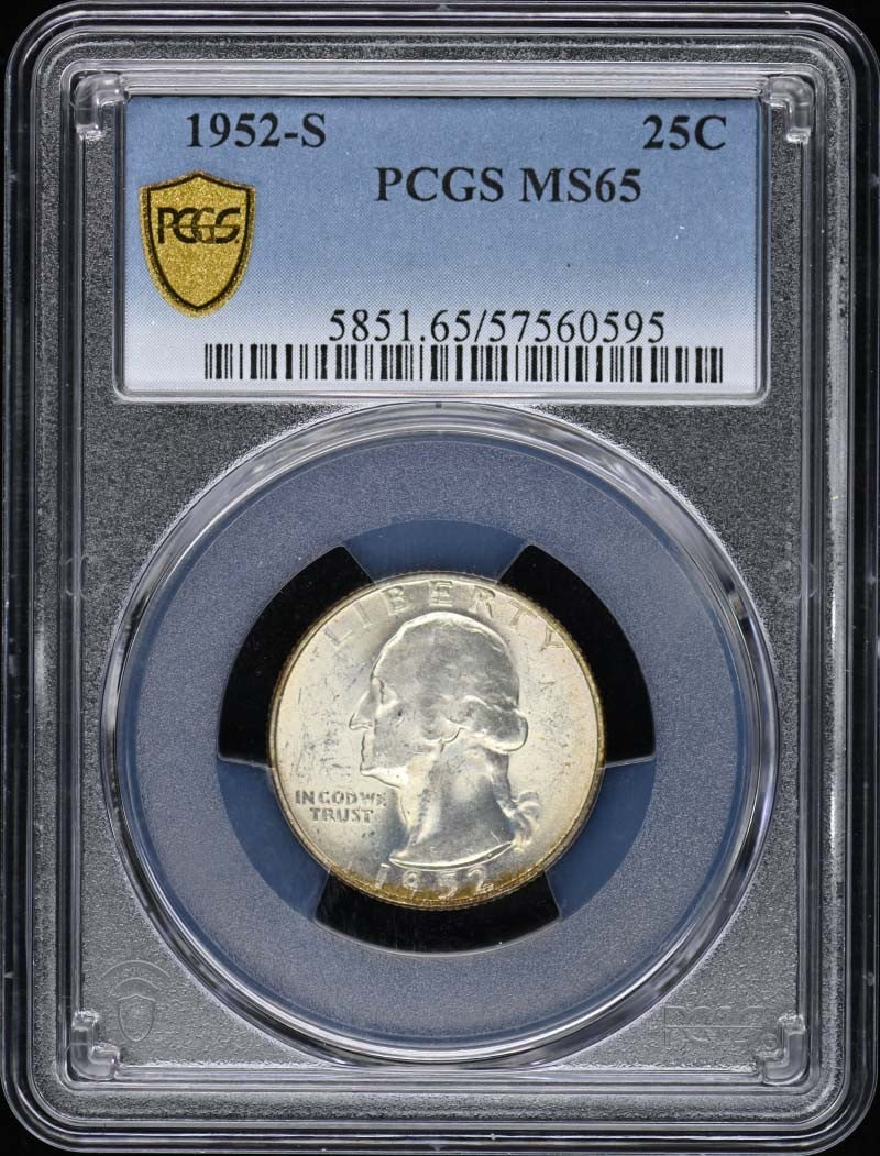 1952-S Washington Quarter PCGS MS65 Uncirculated Coin: 1952-S Washington Quarter PCGS MS65 Uncirculated Coin This 1952-S Washington Quarter is certified by PCGS with a remarkable grade of MS65, indicating it is in uncirculated condition. Minted in San Fra