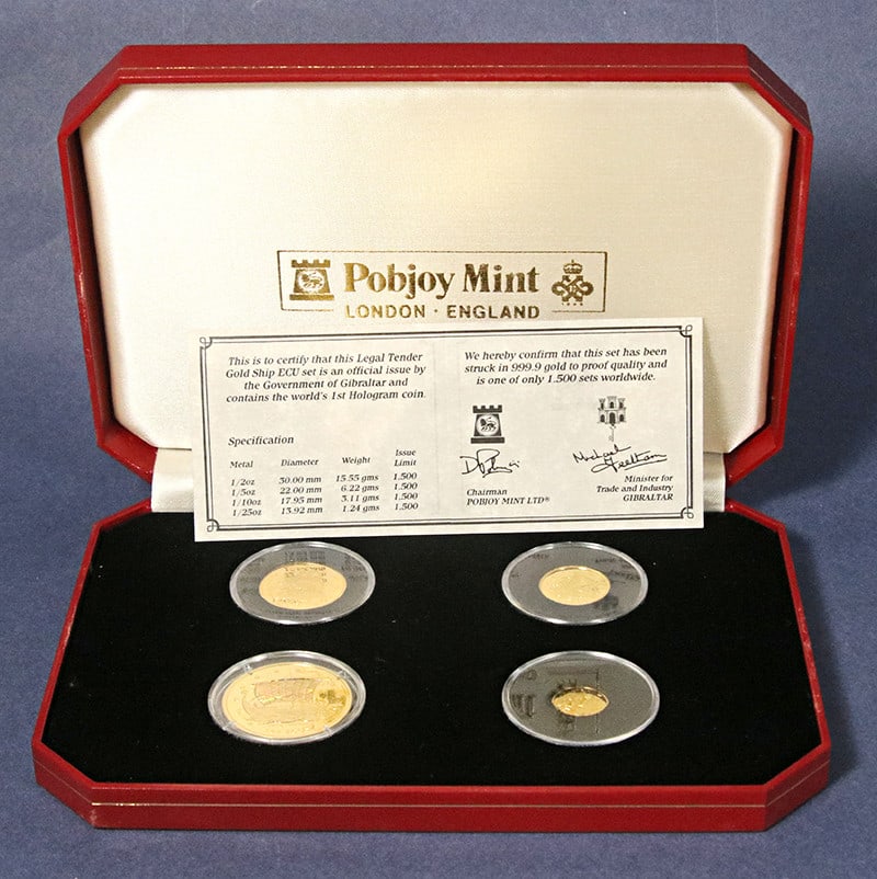 Gibraltar 1996 Gold ECU Hologram Four Coin Proof Set with OGP and COA: Gibraltar 1996 Gold ECU Hologram Four Coin Proof Set with OGP and COA This 1996 Gibraltar Hologram Gold ECU Set includes four proof coins in denominations of 1/2 oz, 1/5 oz, 1/10 oz, and 1/25 oz. Each