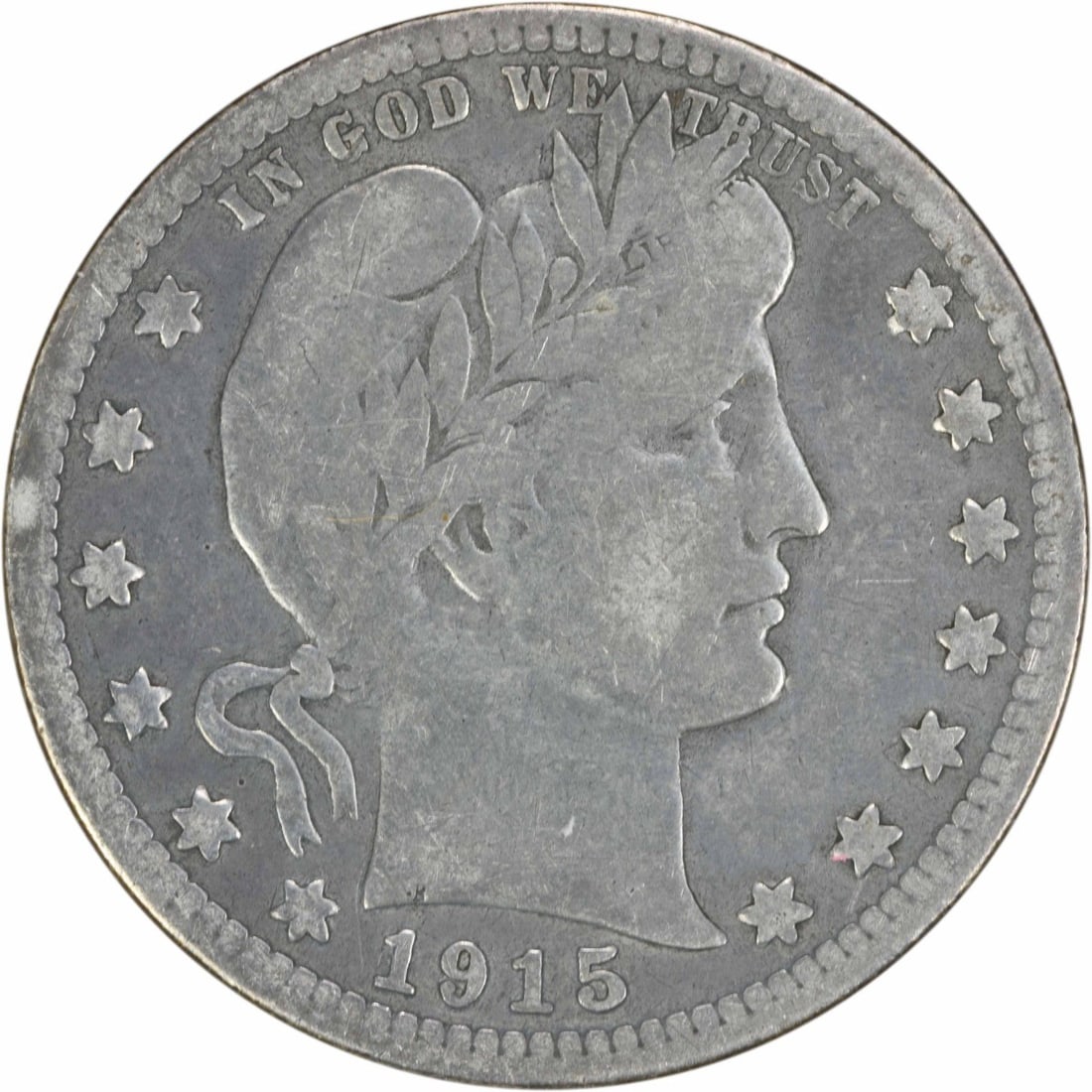 1915-S Barber Silver Quarter 25C Choice VG Uncertified: 1915-S Barber Silver Quarter 25C Choice VG Uncertified This 1915-S Barber Silver Quarter is a notable piece of American numismatics. Struck in San Francisco, this quarter features a composition of 90%
