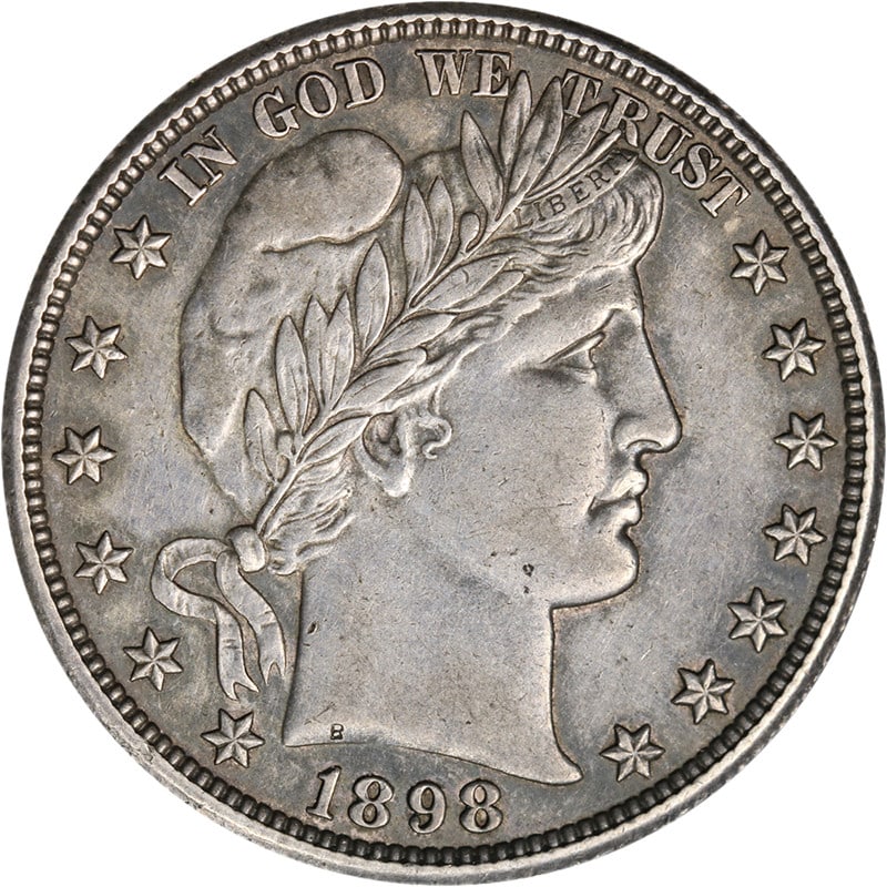 1898 O Barber Half Dollar Silver Choice AU: 1898 O Barber Half Dollar Silver Choice AU This 1898-O Barber Half Dollar is a circulated coin graded as Choice About Uncirculated (AU). It features strong strike details, attractive color, and well-p