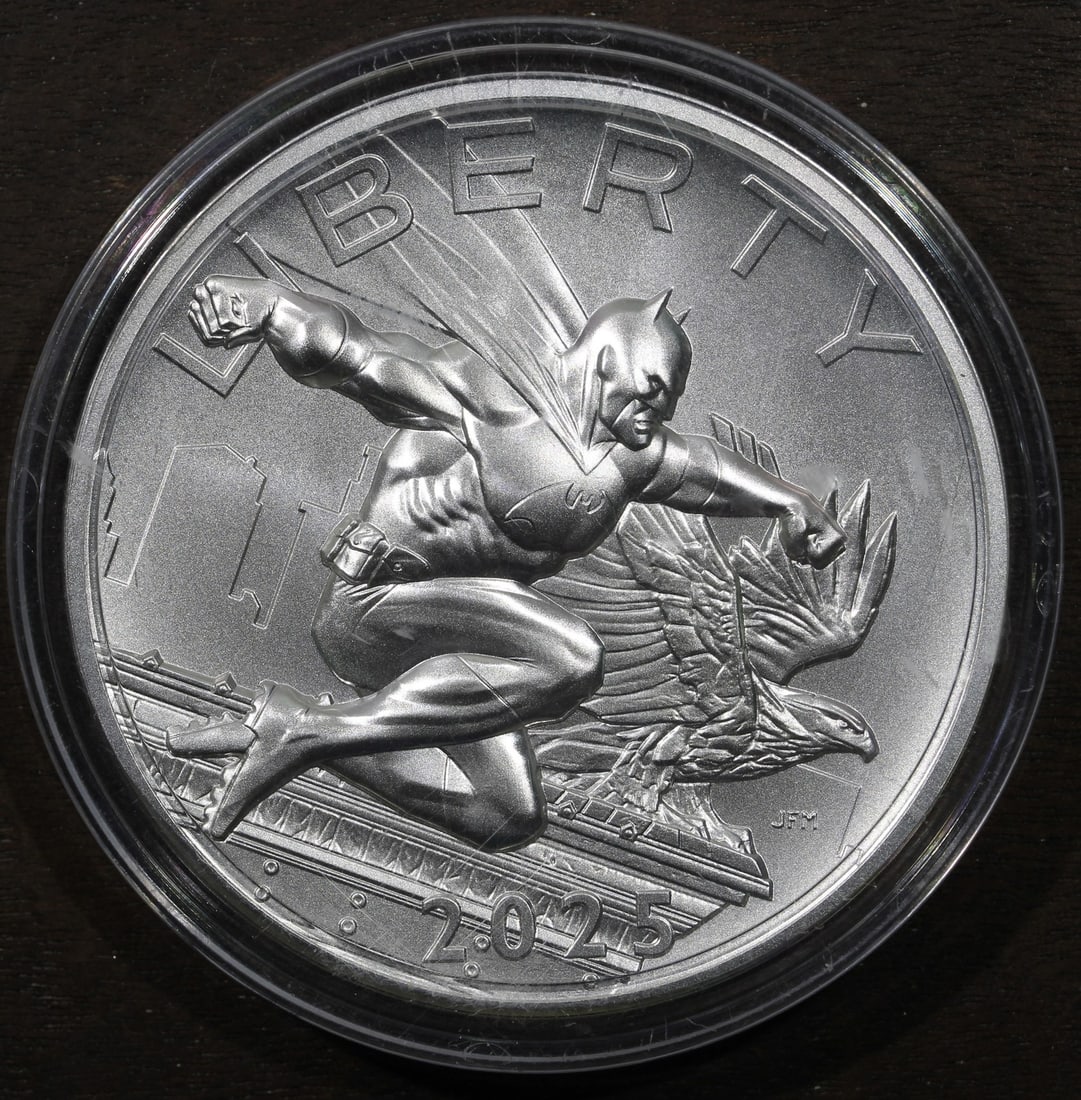 2025 U.S. Mint Batman Silver Medal 2.5 oz .999: 2025 U.S. Mint Batman Silver Medal 2.5 oz .999 This 2025 Batman DC Comics silver medal from the U.S. Mint is crafted from 2.5 ounces of .999 fine silver and features a matte strike. The medal is ungra