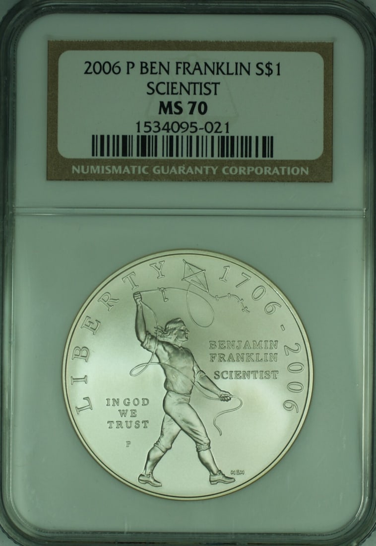 NGC MS70 2006 Ben Franklin Scientist Silver Dollar Commemorative Coin: NGC MS70 2006 Ben Franklin Scientist Silver Dollar Commemorative Coin This 2006 Ben Franklin Scientist Commemorative Silver $1 Dollar coin is uncirculated and certified by NGC with a grade of MS 70. I