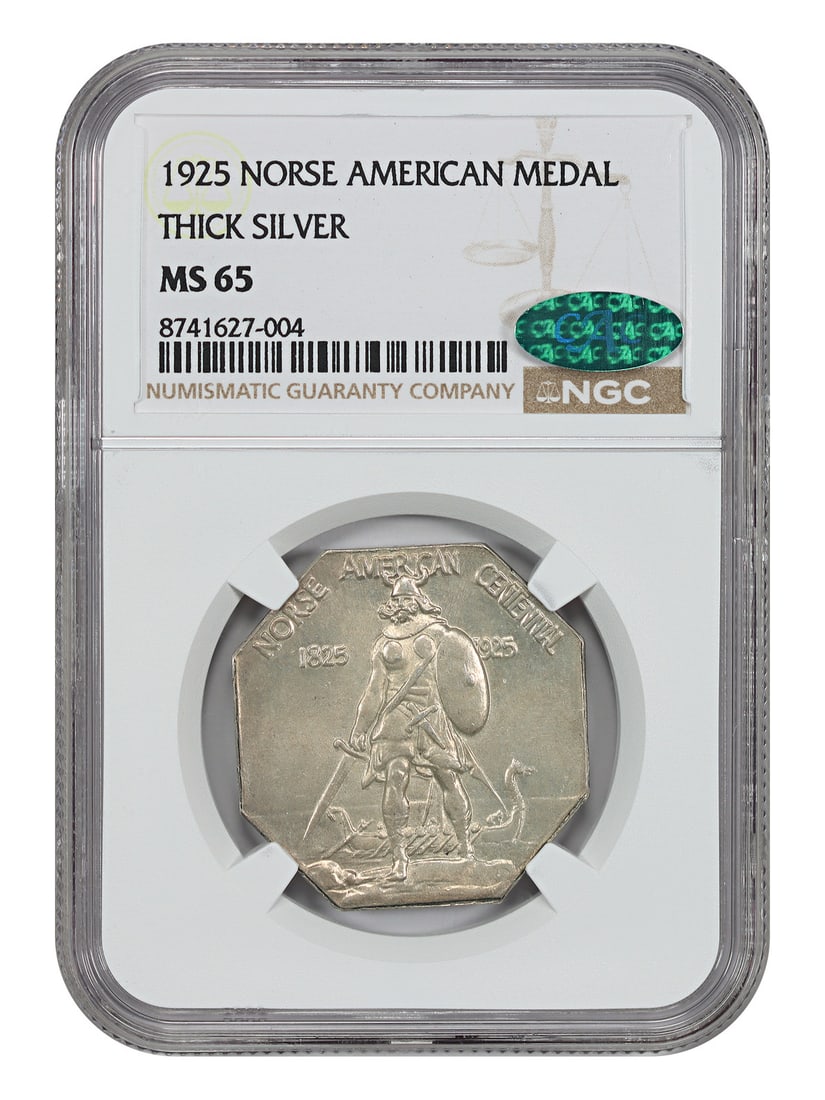 1925 Norse Medal NGC CAC MS65 thick silver: 1925 Norse Medal NGC CAC MS65 thick silver This 1925 Norse American Medal is graded MS65 by NGC and features a CAC sticker. Struck at the Philadelphia Mint, this thick planchet commemorative medal cel
