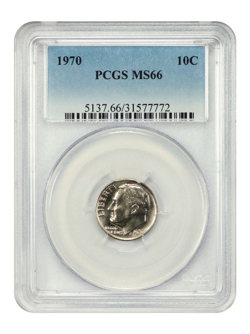 1970 Roosevelt Dime 10C PCGS MS66 Uncirculated Coin: 1970 Roosevelt Dime 10C PCGS MS66 Uncirculated Coin This is a 1970 Roosevelt Dime graded MS66 by PCGS. The coin is uncirculated and was minted in Philadelphia. It is part of the Roosevelt Dime series 