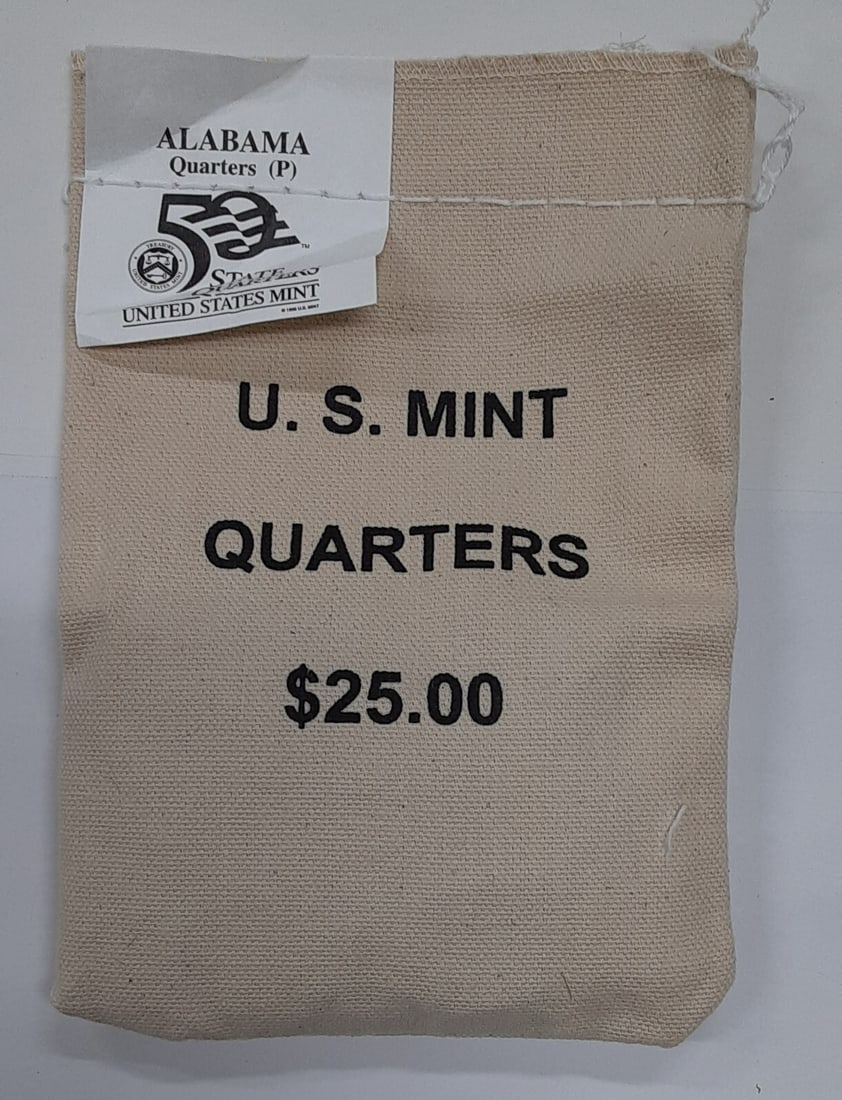 100 Coin U.S. Mint Bag 2003-P Alabama State Quarter: 100 Coin U.S. Mint Bag 2003-P Alabama State Quarter This is a $25 face value original U.S. Mint sewn bag containing 100 uncirculated Alabama Statehood Quarters from 2003. The coins are composed of cop