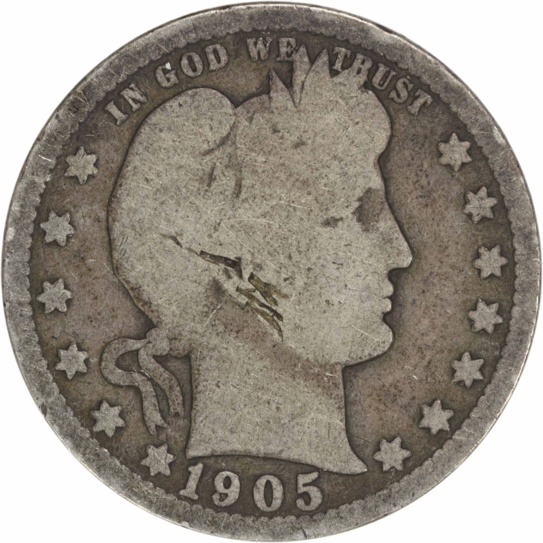 1905-O Barber Quarter 25C G Silver Uncertified Coin: 1905-O Barber Quarter 25C G Silver Uncertified Coin This 1905-O Barber Silver Quarter features the classic design by Charles E. Barber and is a notable addition to any coin collection. Minted in New O