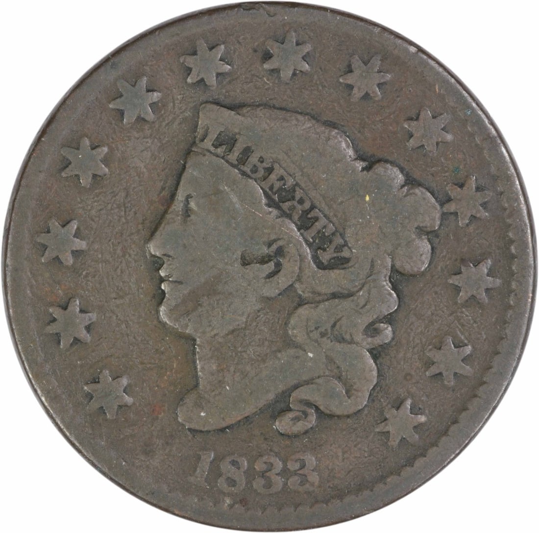 1833 Coronet Head Large Cent Philadelphia Copper Coin VG Grade Uncertified (1 of 2)