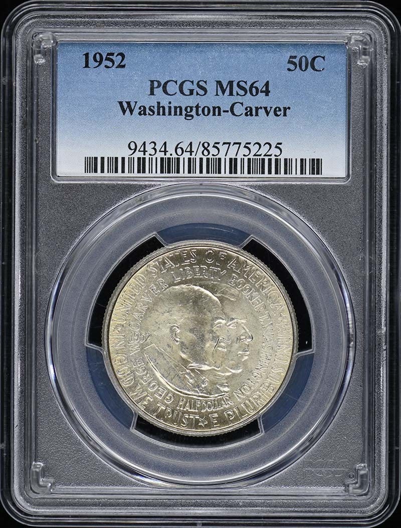 1952 Silver 50 Cent Washington Carver Commemorative Coin PCGS MS64: 1952 Silver 50 Cent Washington Carver Commemorative Coin PCGS MS64 This 1952 Washington-Carver 50-cent commemorative coin is composed of 90% silver and 10% copper. Graded MS64 by PCGS, it was minted i