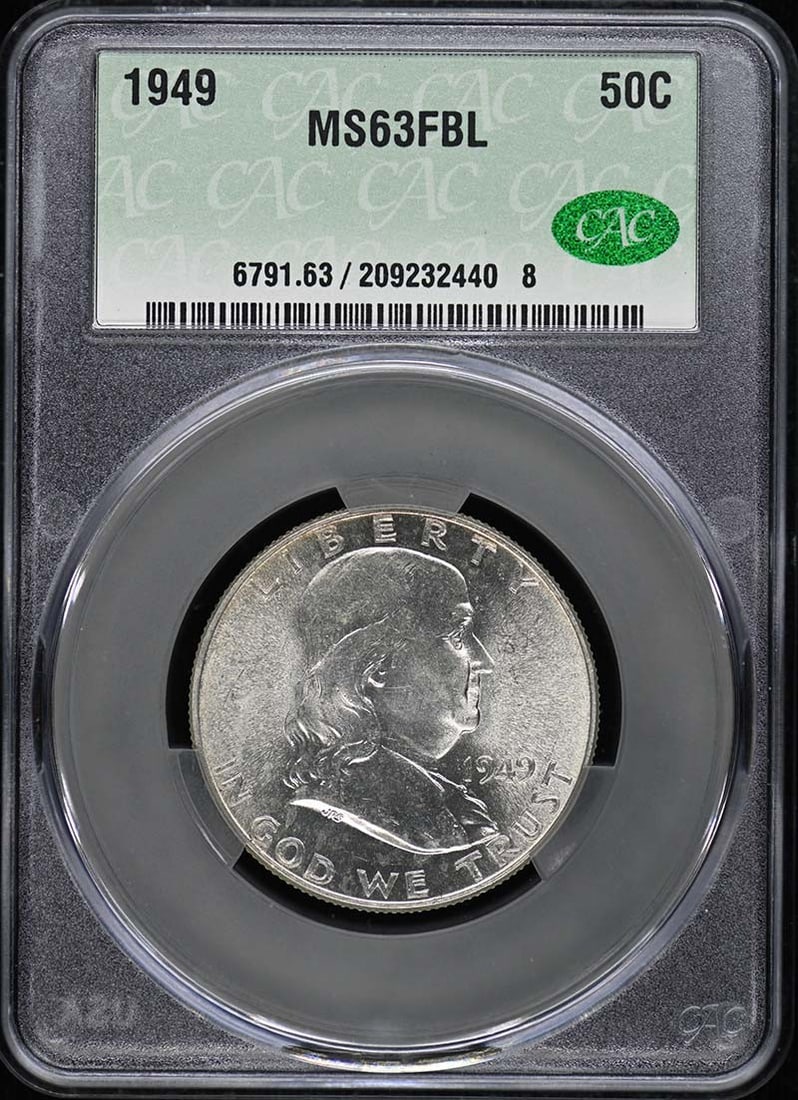 CACG MS63FBL 1949 Franklin Half Dollar Philadelphia: CACG MS63FBL 1949 Franklin Half Dollar Philadelphia This is a 1949 Franklin Half Dollar graded MS63FBL by CACG. The coin is uncirculated and features the Full Bell Lines (FBL) designation. It was mint