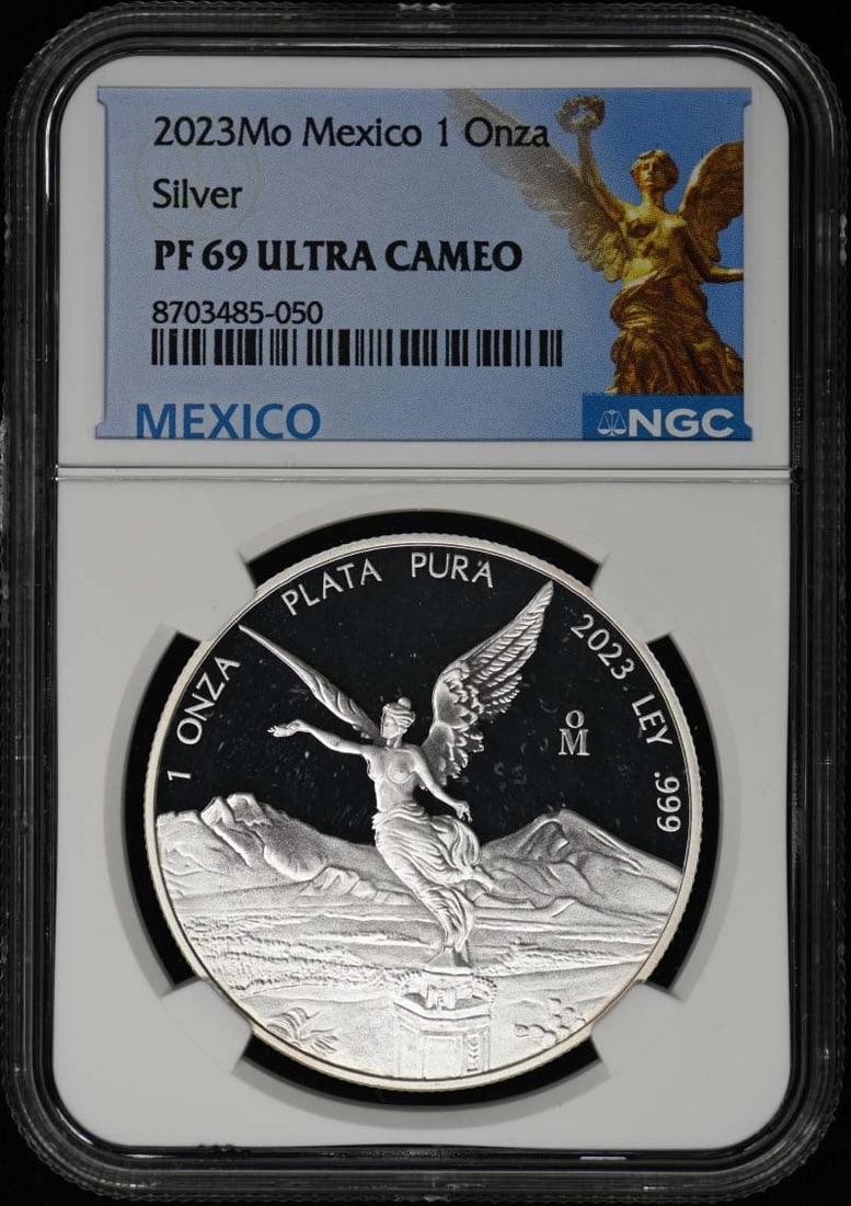 Mexico 2023 1 Onza Silver NGC PR69DCAM: Mexico 2023 1 Onza Silver NGC PR69DCAM This is a 2023 Mexico Silver 1 Onza coin graded PR69 by NGC. The coin is uncirculated and comes with NGC certification. It is a pre-owned collectible from Mexico