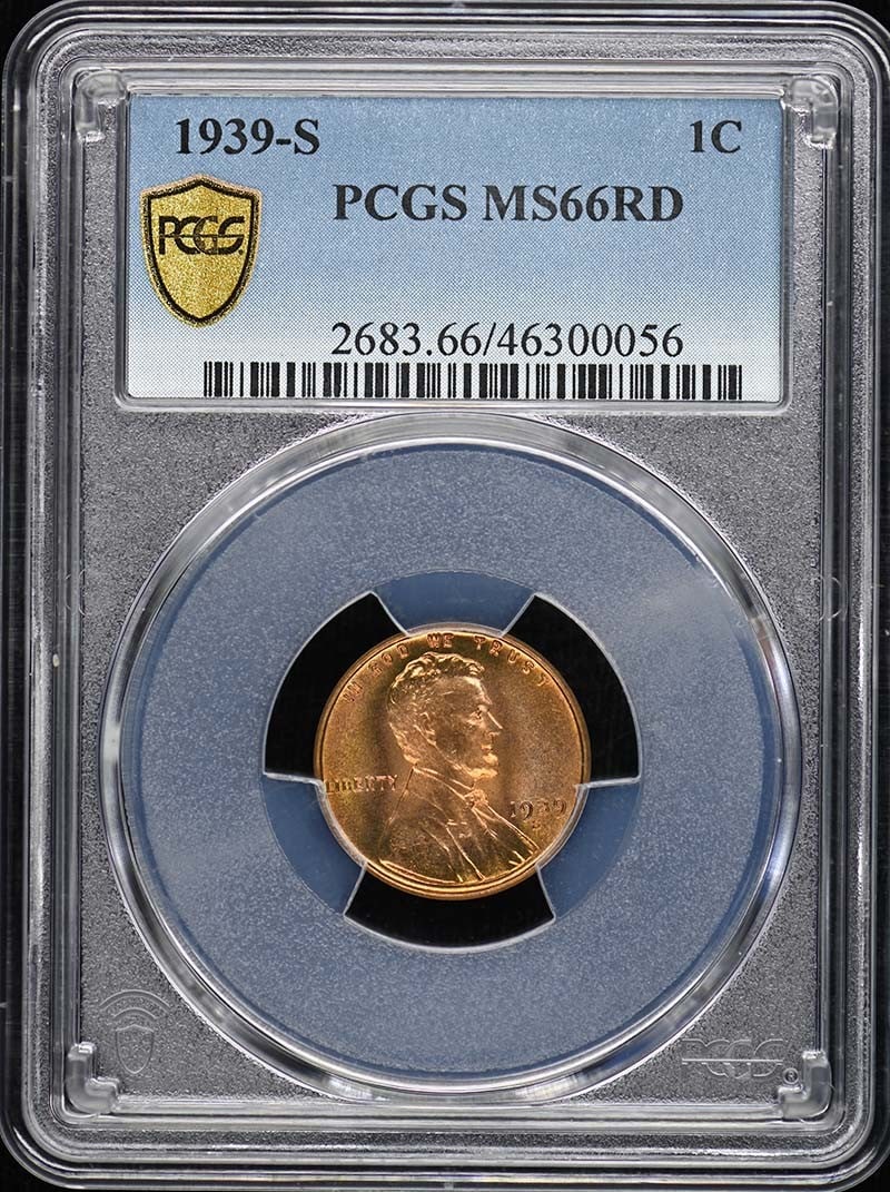 PCGS MS66RD 1939-S Lincoln Wheat Cent: PCGS MS66RD 1939-S Lincoln Wheat Cent This is a 1939 Lincoln Cent with a Type 1 Wheat Reverse, graded MS66 Red (RD) by PCGS. The coin was minted in San Francisco and remains uncirculated, offering a w