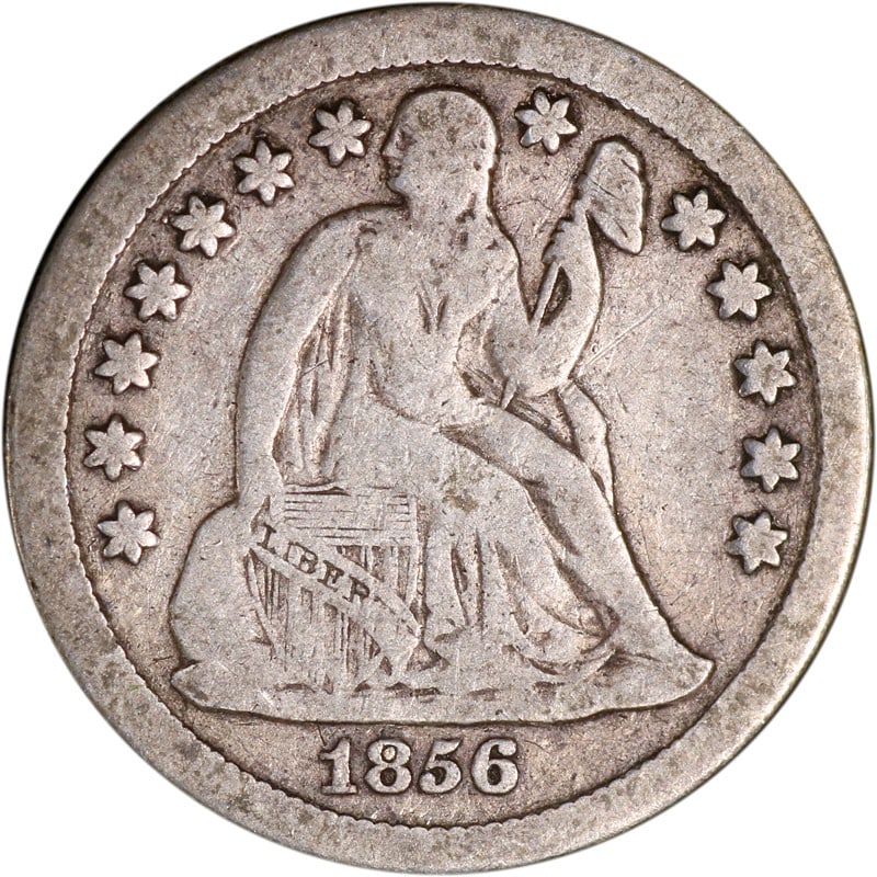 1856 Silver Dime Minted in New Orleans Seated Liberty Design: 1856 Silver Dime Minted in New Orleans Seated Liberty Design This is an 1856-O Seated Liberty Dime minted in New Orleans. The coin is composed of silver and is in circulated, pre-owned condition. It i