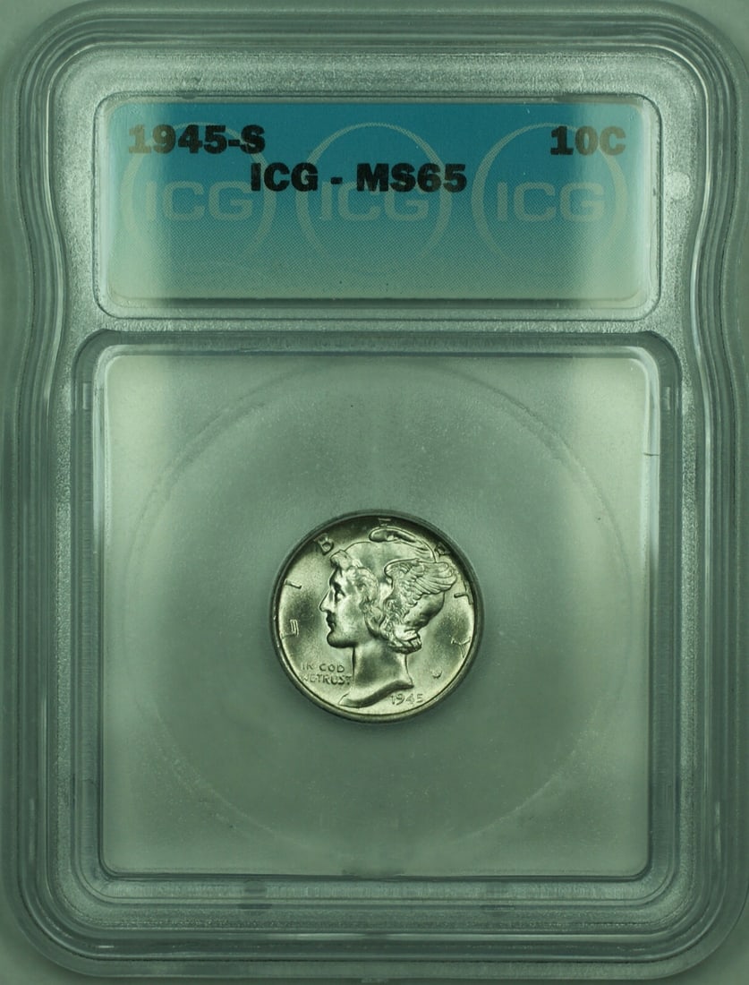 ICG MS-65 1945-S Silver 10C Mercury Dime Coin United States: ICG MS-65 1945-S Silver 10C Mercury Dime Coin United States This 1945-S Mercury Silver Dime is an uncirculated 10 cent coin from the United States, minted in San Francisco. Composed of 90% silver, it 