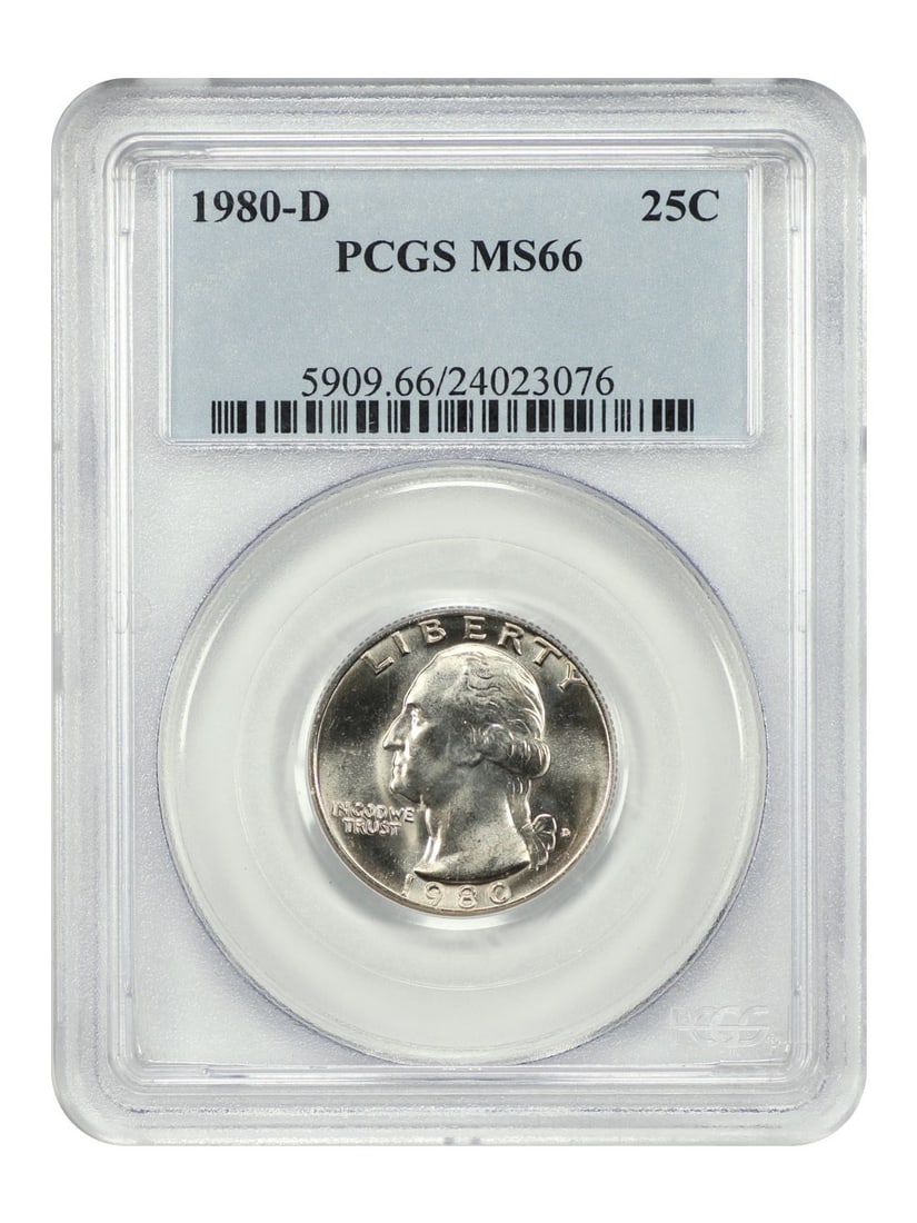 PCGS MS66 1980 Denver Washington Quarter 25C: PCGS MS66 1980 Denver Washington Quarter 25C This 1980-D Washington Quarter is graded MS66 by PCGS and remains uncirculated. Minted in Denver, it features the iconic Washington Quarter design and is p