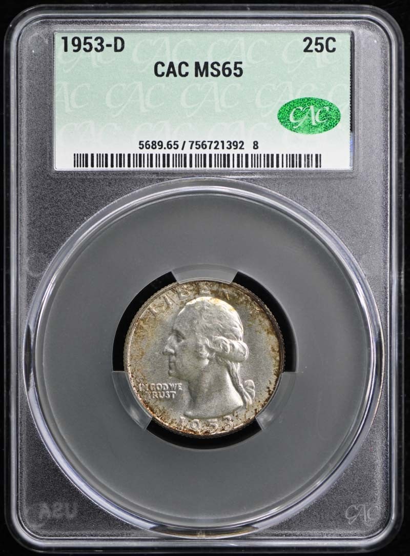1953-D Washington Quarter CACG MS65 Uncirculated Denver Mint: 1953-D Washington Quarter CACG MS65 Uncirculated Denver Mint This 1953-D Washington Quarter is certified by CACG with a grade of MS65, indicating its uncirculated condition. Minted in Denver, this coi