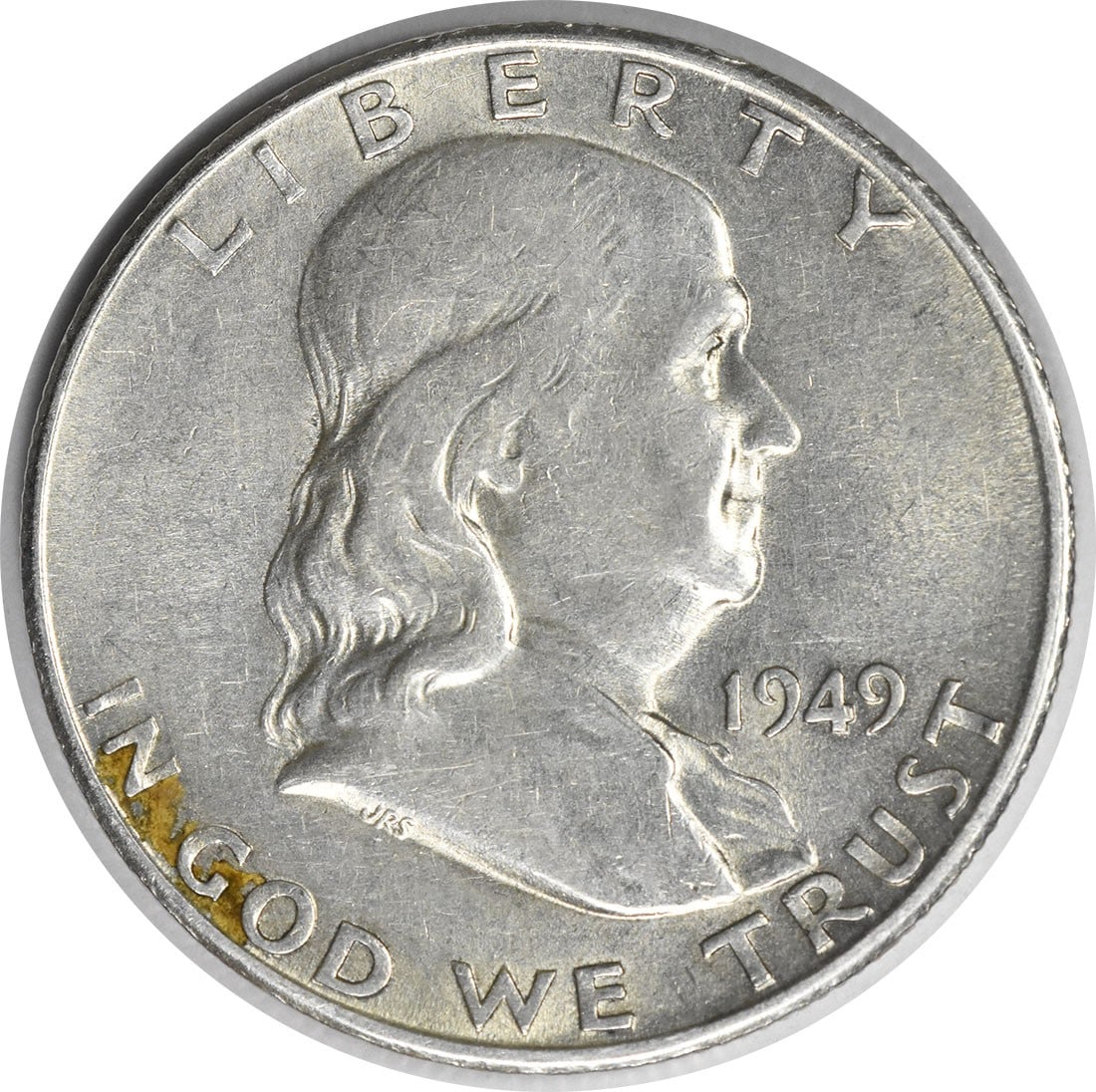 1949 San Francisco Franklin 50C Silver Half Dollar AU Grade Uncertified: 1949 San Francisco Franklin 50C Silver Half Dollar AU Grade Uncertified This 1949-S Franklin Half Dollar is composed of 90% silver and 10% copper. Struck at the San Francisco Mint, it was designed by 