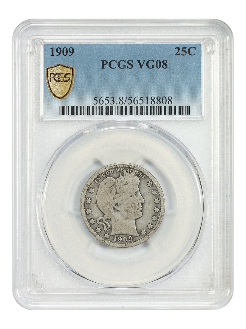 PCGS VG08 1909 Barber Quarter 25C: PCGS VG08 1909 Barber Quarter 25C This 1909 Barber Quarter has been graded VG08 by PCGS and is a circulated coin from the Barber Quarter series. Minted in Philadelphia, it features the classic Barber 