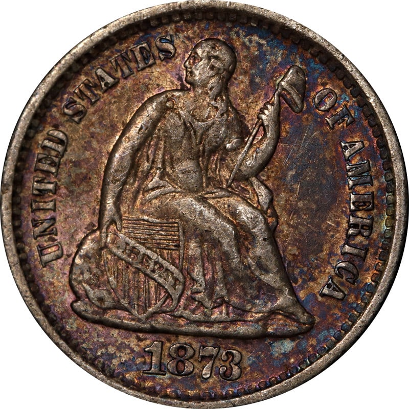 1873 San Francisco Seated Liberty silver half dime: 1873 San Francisco Seated Liberty silver half dime This is an 1873-S Seated Liberty Half Dime from the United States. The coin is composed of 90% silver and is in circulated, pre-owned condition. It i