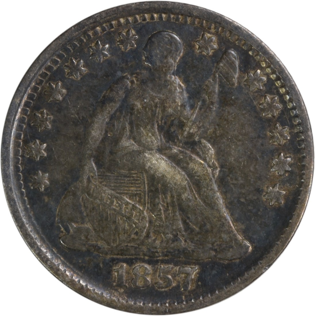 1857 Liberty Seated Half Dime 90% Silver Christian Gobrecht Design: 1857 Liberty Seated Half Dime 90% Silver Christian Gobrecht Design This 1857 Liberty Seated Silver Half Dime features a grade of VF (Very Fine) and is an excellent addition for coin collectors. Minted