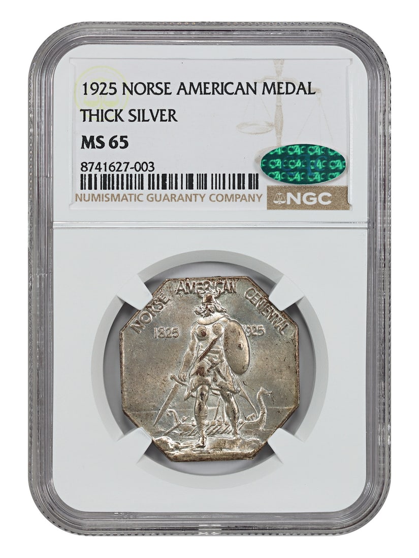 NGC CAC MS65 1925 Norse-American Silver Medal Thick Planchet: NGC CAC MS65 1925 Norse-American Silver Medal Thick Planchet This 1925 Norse American Medal was issued to commemorate the 100th anniversary of the Norwegian ship "Restauration" arriving in America. St