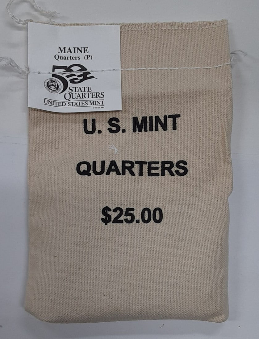 2003 Maine State Quarter $25 U.S. Mint Philadelphia Sealed 100-Coin Bag: 2003 Maine State Quarter $25 U.S. Mint Philadelphia Sealed 100-Coin Bag This is a sealed original U.S. Mint sewn bag containing 100 uncirculated 2003 Maine State Quarters, each with a face value of 25