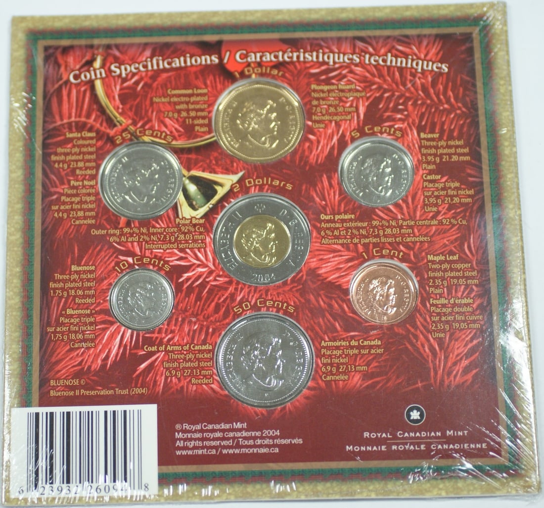 Uncirculated 2004 Canada Holiday Seven Coin Gift Set: Uncirculated 2004 Canada Holiday Seven Coin Gift Set This 2004 Canada Holiday Gift 7 Coin Set features uncirculated coins ranging from cent to $2 denominations. The set includes coins of various KM nu