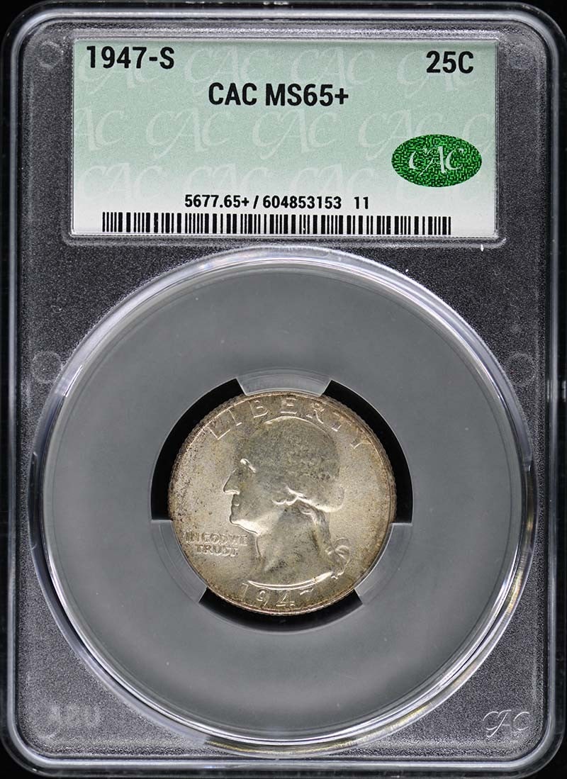 1947-S Washington Quarter CACG MS65+ Uncirculated Coin: 1947-S Washington Quarter CACG MS65+ Uncirculated Coin This 1947-S Washington Quarter is graded MS65+ by CACG, indicating a high level of quality. The coin is uncirculated, showcasing its pristine con