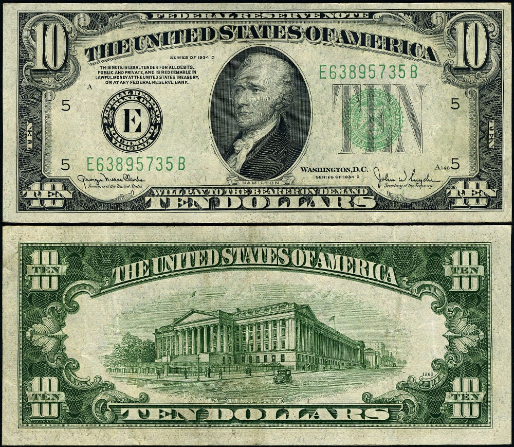 1934-D $10 Richmond Federal Reserve Note E-B Block AU (1 of 3)