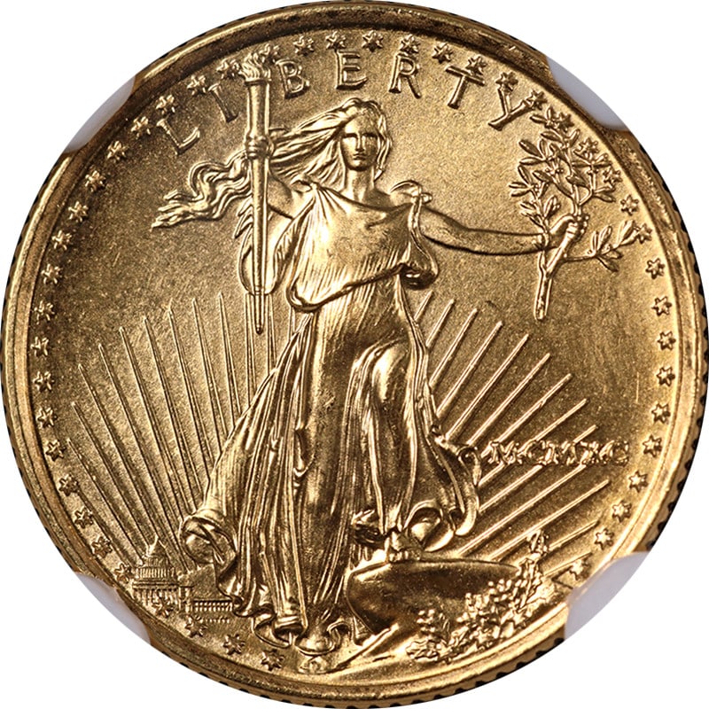 1990 NGC MS69 Gold American Eagle $5 Brown Label Coin: 1990 NGC MS69 Gold American Eagle $5 Brown Label Coin This is a 1990 Gold American Eagle $5 coin, certified by NGC with a grade of MS69 and presented with the Brown Label. The coin is composed of gold